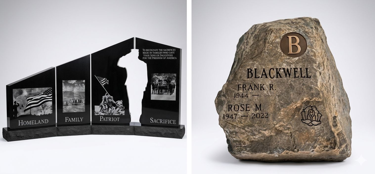 Custom engraving portfolio — Veterans memorial four-panel installation and Blackwell family natural-stone memorial