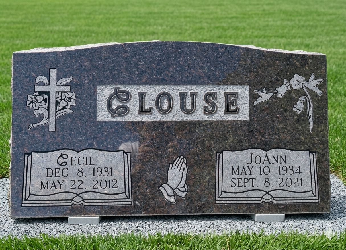 Custom granite double memorial — hand-finished engraving with traditional iconography